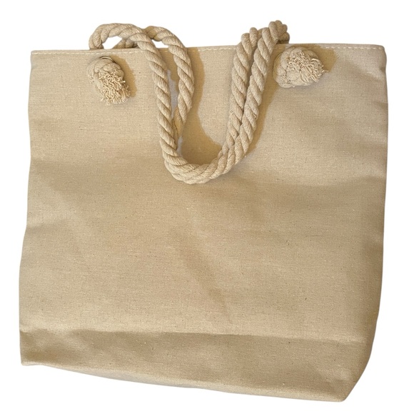 Graphic Owl Couple Tote Bag Thick Rope Handles Cream Backside 15.5”x 17”x 3.5” - Picture 2 of 9